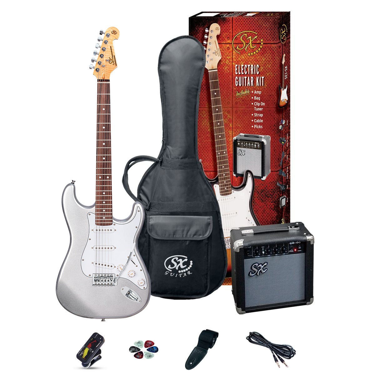 SX Electric Guitar Pack SE1SKMS Metallic Silver