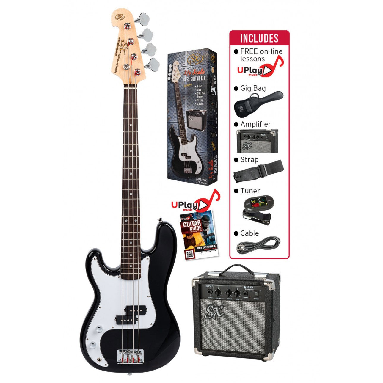 SX 3/4 Bass Guitar Pack SB2SK34LHB Left Handed Black